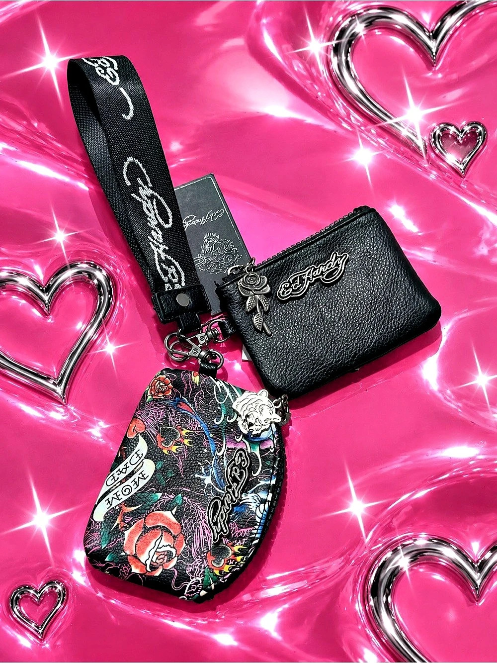 Ed Hardy Tattoo Print Dual Pouch Wristlet Keychain Set